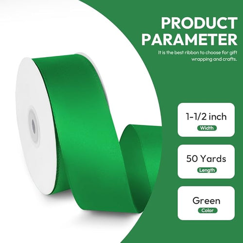 1-1/2" x 50 Yards Satin Ribbon - Green Silk Ribbon with Spool - Ideal for Gift Wrapping, Floral Bouquets, Crafts, Wedding Party Decorations, Christmas and Sewing Projects
