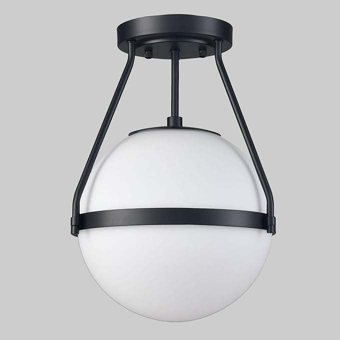 HOLKIRT Mid Century Semi Flush Mount Ceiling Light Black Globe Ceiling Light Modern Light Fixture with White Opal Glass Shade for Living Room Bedroom Hallway