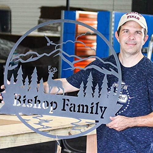 RealSteel Personalized Metal Wall Art - Circular Nature Scene with Mountains, Lake, Deer & Bird - Custom Name on Banner - Outdoor Landscape Decor for Home & Gifts - Black, 30"