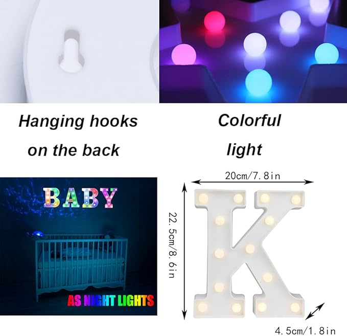 Light Up Colorful LED Marquee Letter lights, 18 Colors Changing Alphabet Letters Sign with Remote Timer for Night Light Girls Bedroom Wedding Birthday Party Lamp Christmas Home Bar Decor- Colorful K