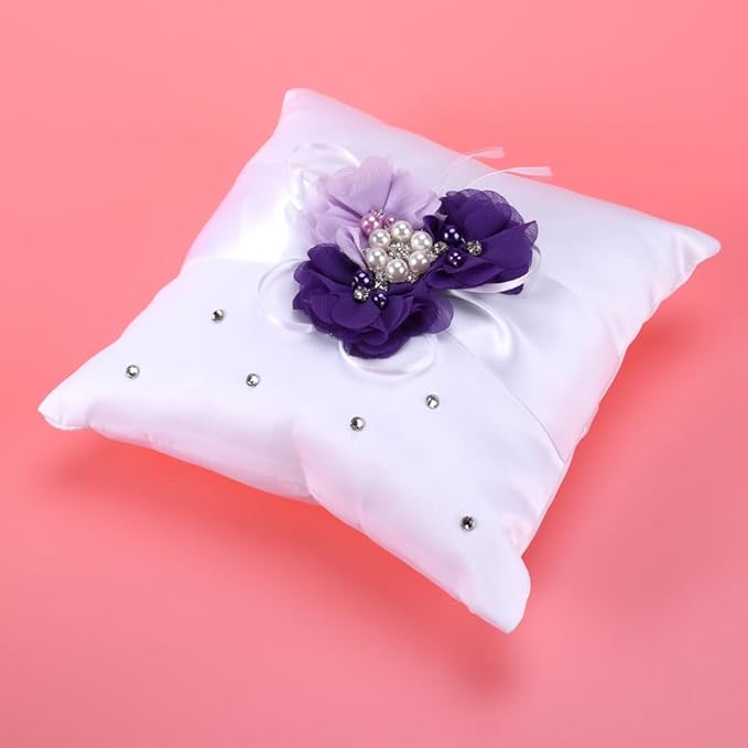 PRETYZOOM Pillow Ring Bearer Wedding Ring Pillow Wicker Flower Crown Decorative Pillows Pearl Rings Flower Girl Accessories Promise Rings for Couples Bride Vintage Jewelry Purple Lovers