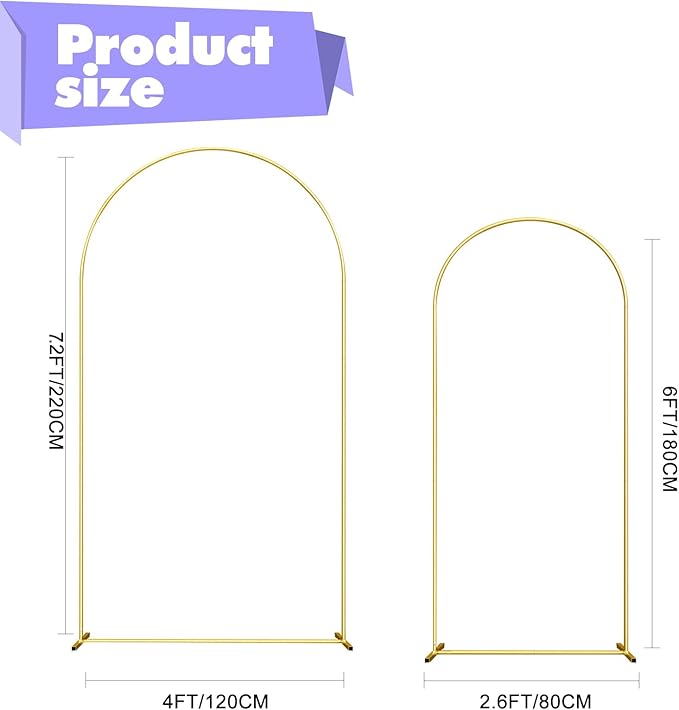 Wedding Arch Backdrop Stand Set of 2 (7.2FT, 6FT) Gold Wedding Balloon Arched Backdrop Stand Square Arch Frame for Birthday Party Bridal Baby Shower Ceremony Decoration