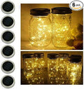 6 Pack Mason Jar Lights, 10 LED Solar Warm White Fairy String Lights Lids Insert for Garden Deck Patio Party Wedding Christmas Decorative Lighting Fit for Regular Mouth Jars
