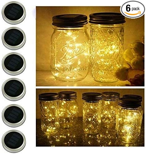 6 Pack Mason Jar Lights, 10 LED Solar Warm White Fairy String Lights Lids Insert for Garden Deck Patio Party Wedding Christmas Decorative Lighting Fit for Regular Mouth Jars