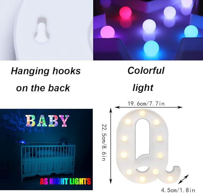 Light Up Colorful LED Marquee Letter lights, 18 Colors Changing Alphabet Letters Sign with Remote Timer for Night Light Girls Bedroom Wedding Birthday Party Lamp Christmas Home Bar Decor- Colorful Q