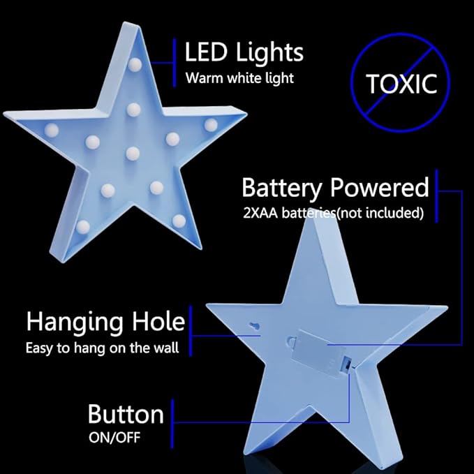 LED Marquee Star Sign Night Light, Battery Operated Star Shaped Desk Table Lamp for Kids, Baby, Child, Girl Gift, Nursery Room, Wall Decor - Blue