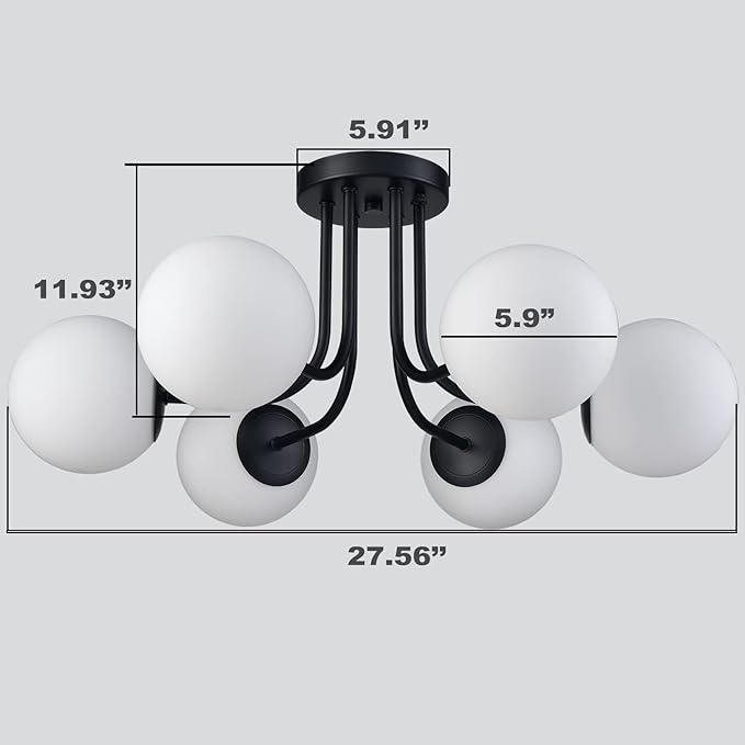 Modern 6-Light Black Metal Semi Flush Mount Ceiling Light With Globe White Glass Shade for Living Room Bedroom - Sputnik Chandelier Light Fixture