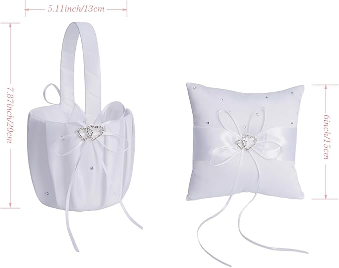 QIRMIZI Wedding Ring Pillow and Flower Girl Basket Set – Adorned with Pearl Rhinestones, White Satin,White