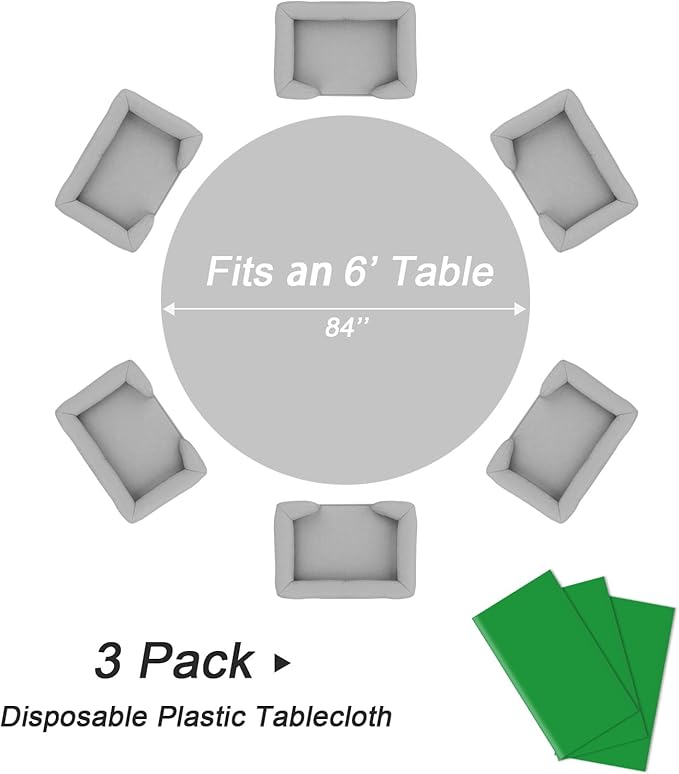 QIKSION Green Round Tablecloth 3 Pack, 84 Inch Plastic Table Cover Disposable for Parties