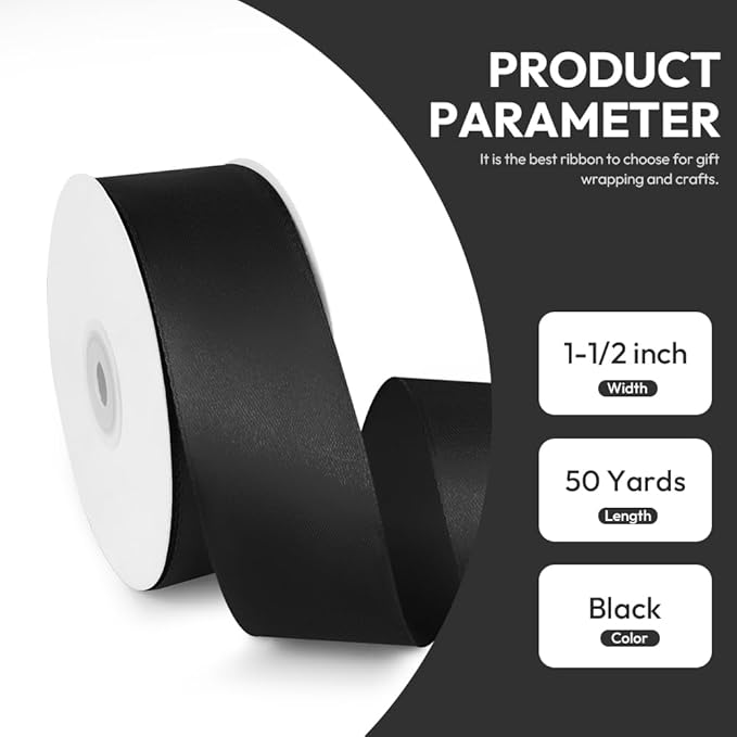 1-1/2" x 50 Yards Satin Ribbon - Black Silk Ribbon with Spool - Ideal for Gift Wrapping, Floral Bouquets, Crafts, Wedding Party Decorations, Christmas and Sewing Projects