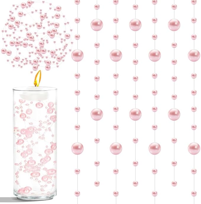 50pcs Pearls String Beads of Pearls, 10+5mm Pink Artificial Pearl String for Floating Candles Centerpieces, Vase Filler, Wedding Centerpiece Christmas Party Decor