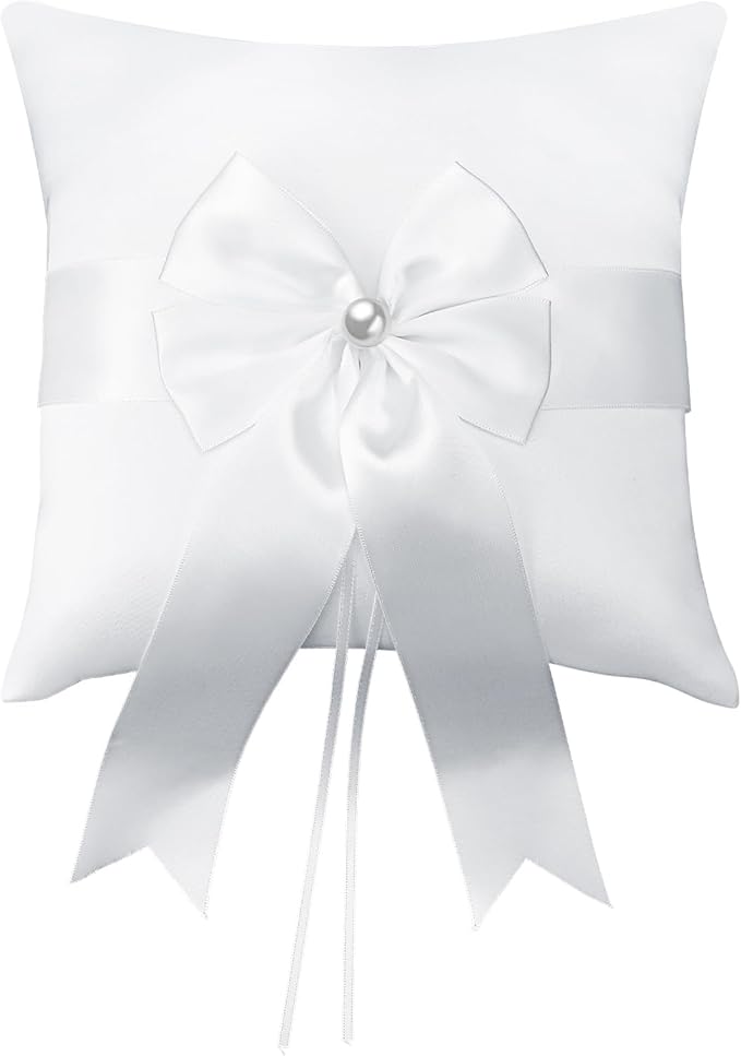Wedding Ring Pillow Fairy Pearl Ivory Ring Bearer Cushion Bowknot Pocket Rings Bearer Pillow Holder Simple Collection of Big Bow for Wedding Party Ceremony 7.8'' x7.8''