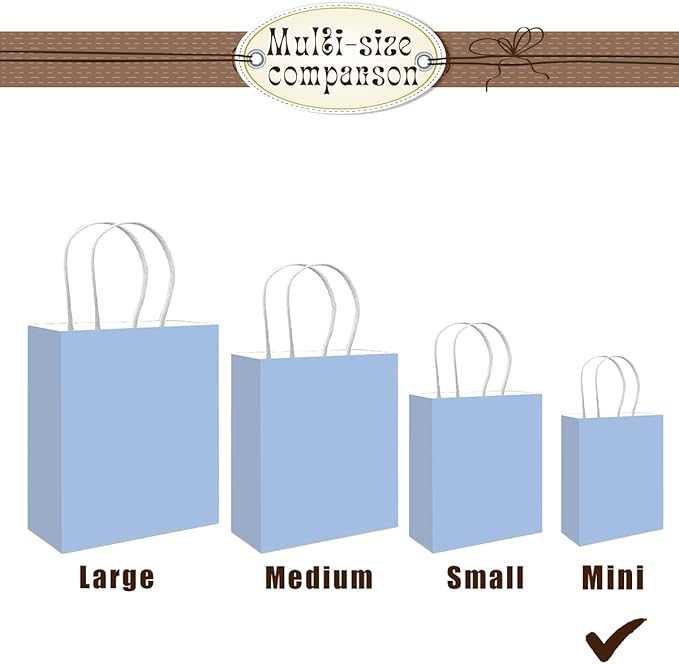 Bakepacker 100 Pcs Light Blue Mini Paper Gift Bags with Handles 6"x4.5"x2.5" Party Favor Bags Multiple Uses (Mini size)