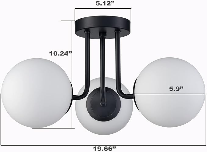 3-Light Modern Black Metal Semi Flush Mount Ceiling Light with White Globe Glass Shade Ceiling Mount Light Fixture for Hallway Living Room Sputnik Chandelier Lighting