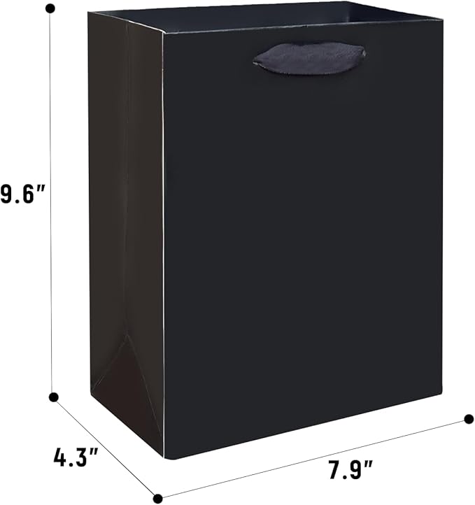 Gcardist Black Gift Bags with Tissue Paper for Wedding, Birthday, Party Supplies - 7.9"x4.3"x9.6" Medium Size Cardboard Gift Bags (16pcs + 32pcs Tissue Paper)