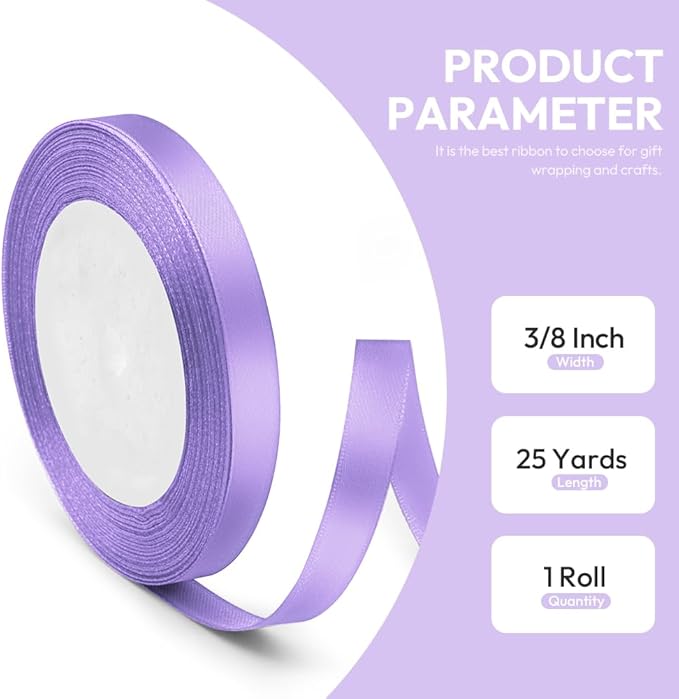 3/8" x 25 Yards Satin Ribbon, Light Purple Silk Ribbon Ideal for Gift Wrapping, Floral Bouquets, Crafts, Wedding Party Decorations, Christmas and Sewing Projects