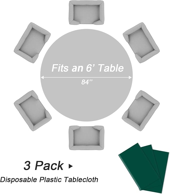 QIKSION Dark Green Round Tablecloth 3 Pack, 84 Inch Plastic Table Cover Disposable for Parties
