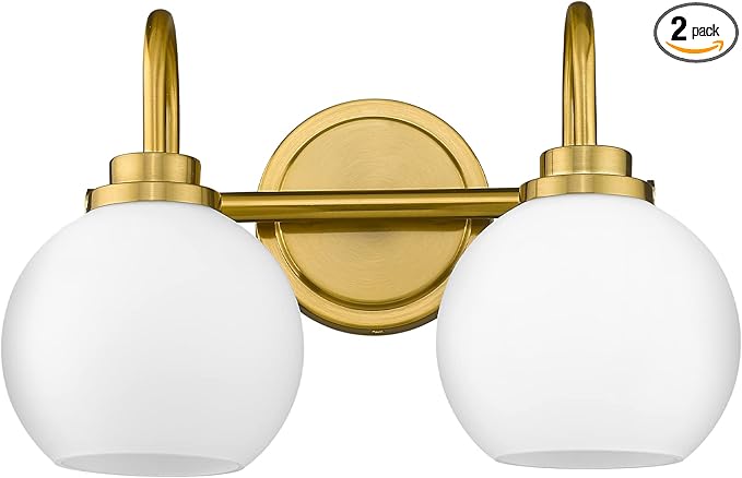 Gold Bathroom Vanity Light Fixtures, 2 Light Modern Over Mirror with White Milk White Globe Glass Shade