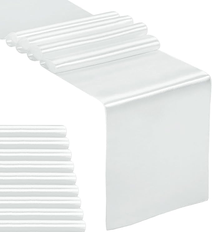 10-Pack Satin Table Runner Silver 12 x 108 inches Long, Table Runners for Wedding, Birthday Parties, Banquets Decorations（10 Pack, 12x108 Inch, Silver）