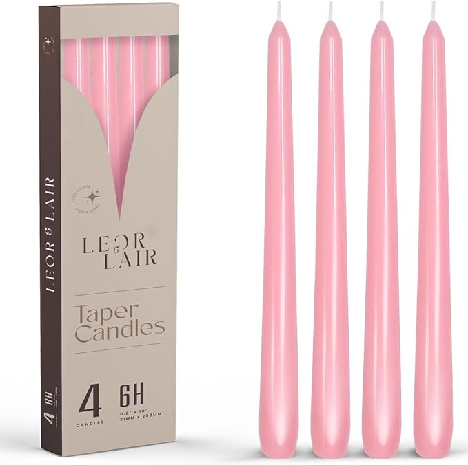 Leor & Lair Light Pink Taper Candles - 4 Pack 10" Pink Candlesticks - Unscented Blush Candles for Weddings, Mother’s Day, Baby Showers, Dinner Table & Holiday Decor