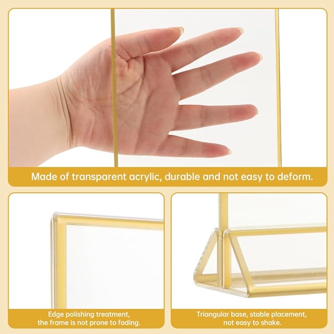 12 Pack Gold Acrylic Sign Holder 5 x 7 inch, Double Sided Gold Picture Frame Stand up Table Top Sign Holders, Wedding Table Number Frames Vertical for Party, Home, Office(5 x 7inch)