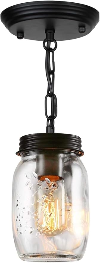 Glass Mason Jar Light Fixtures - Single Pendant Ceiling Light 1-Light Flush Mount - Black Country Farmhouse Lights for Kitchen Dining Room Foyer Stairway Hallway Entryway Porch