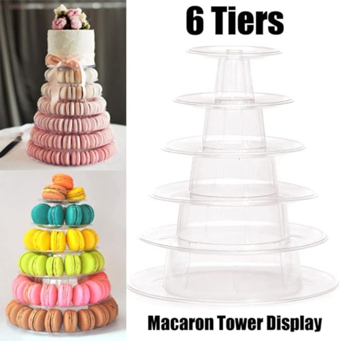6 Tiers Round Macaron Tower Stand Plastic Transparent Cake Stand Macaron Display Rack Desserts Cupcake Holder Platter for Baby Shower, Birthday Party, Wedding, Party Decor