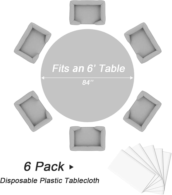 QIKSION White Round Tablecloth 6 Pack, 84 Inch Plastic Table Cover Disposable for Parties