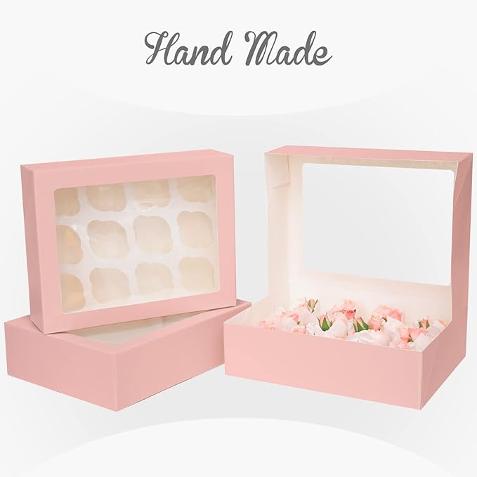 12 Cupcake Containers 20-Packs Pink Cupcake Box Cupcakes Carrier, 12 Cupcake Boxes with Window 13"x10"x3.5"（Auto-pop up）