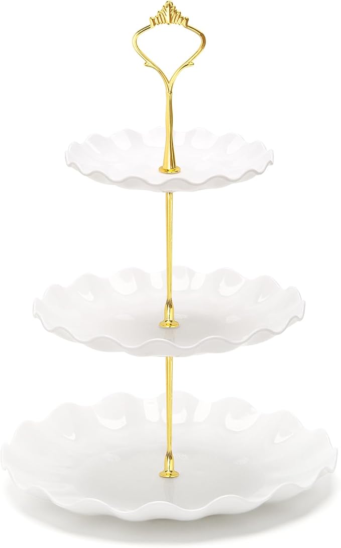 Coitak 3 Tier Cupcake Stand, Plastic Tiered Serving Stand, Dessert Tower Tray for Tea Party, Baby Shower and Wedding (Wavy-Metal Rod)