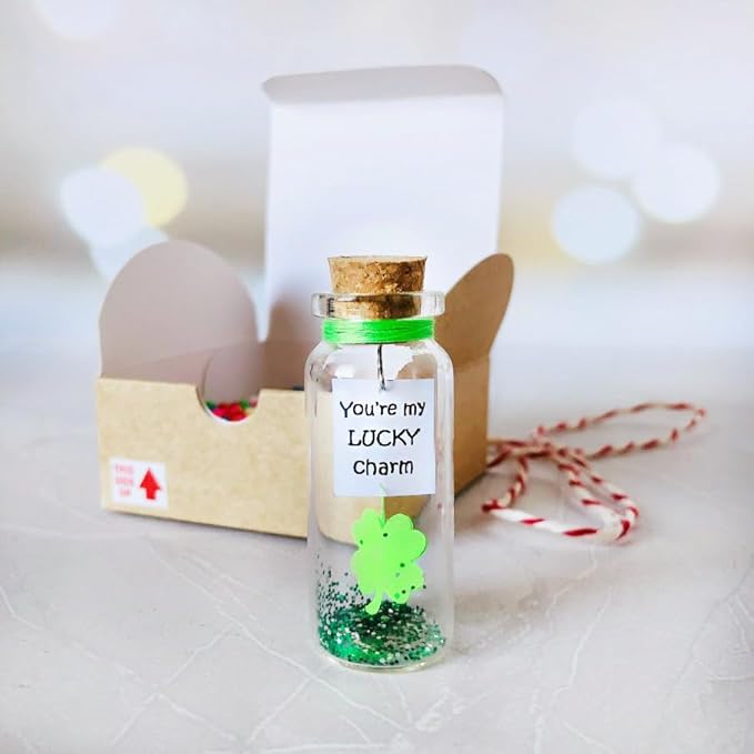 Kseniya Revta Inspirational Message in a Bottle Gift Idea - Classy Gifts for Friends and Family - Unique Boyfriend Girlfriend Presents (Green Clover - You're My Lucky Charm, in Craft Gift Box)