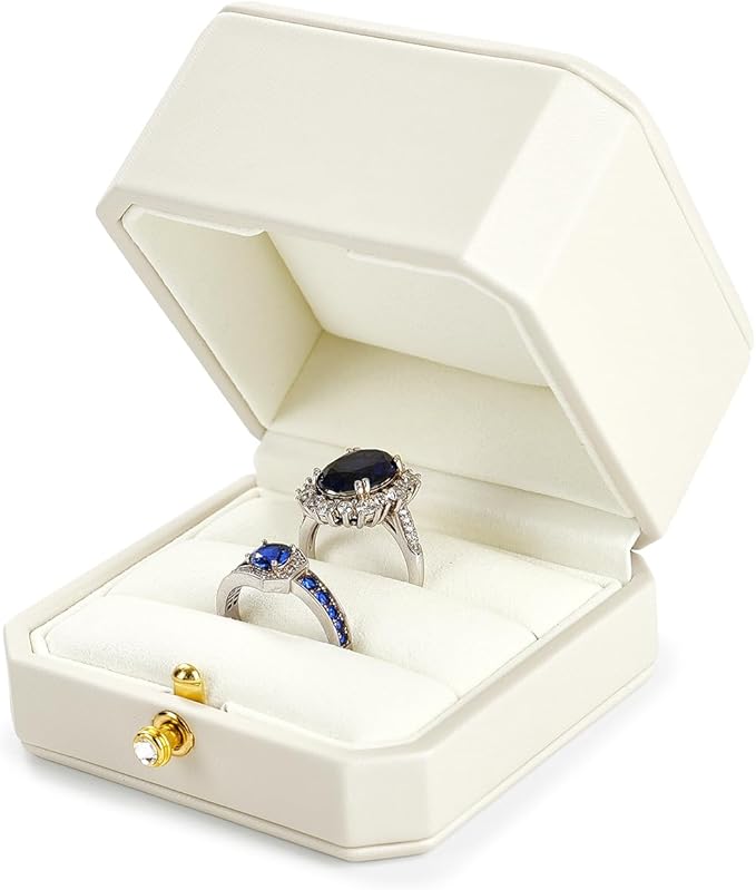 Oirlv Premium Leather Double Ring Box for Wedding Ceremony Engagement Ring Bearer Couple Jewelry Gift Box(White,Double)