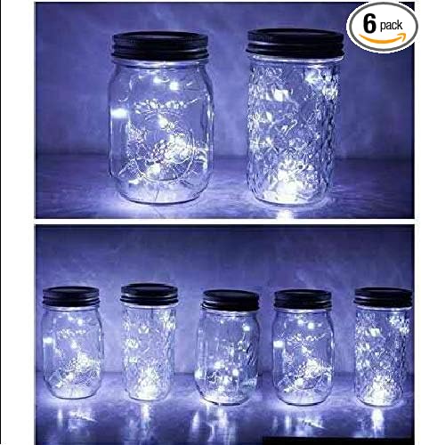 6 Pack Mason Jar Lights, 10 LED Solar Cold White Fairy String Lights Lids Insert for Garden Deck Patio Party Wedding Christmas Decorative Lighting Fit for Regular Mouth Jars …