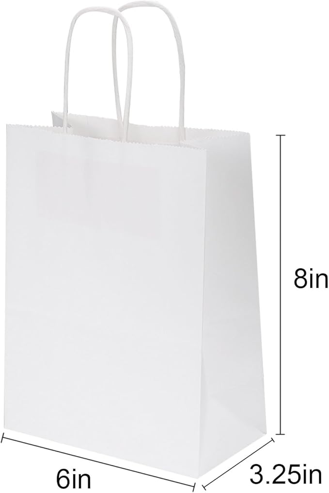 Joybe 100 Pack 6x3.25x8 Inch Small White Paper Bags with Handles Bulk, Kraft Paper Gift Bags for Birthday Party Favors Grocery Retail Shopping Business Goody Merchandise Craft Blank Sacks (100pcs)