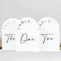 JINMURY White Arch Wedding Table Numbers 1-15 with Stands, 5x7 Inch Acrylic Arch Sign with Black Lettering, White Acrylic Table Numbers for Wedding Reception