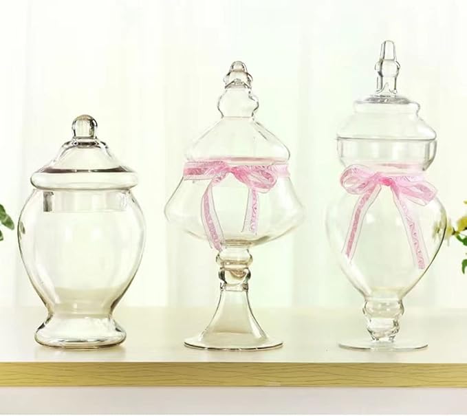 Glass Apothecary Jars 45 Ounce Decorative Candy Cookie Jars ，Clear Elegant Storage Jar with lids Canisters Sets for the Kitchen Wedding Home Centerpiece Candy Buffet Set of 2