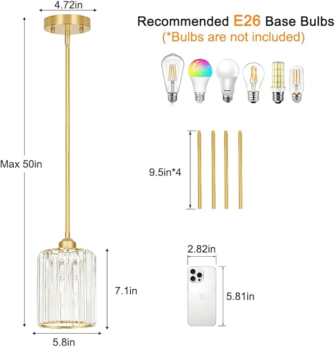 Gold Kitchen Pendant Lights Over Island with Adjustable Rods - Crystal Pendant Lighting Fixtures 3 Pack, Ideal Over Dining Table or Bar, E26 Bulb Compatible, No Electrician Needed