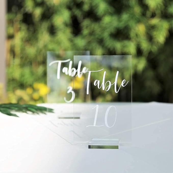 UNIQOOO Acrylic Wedding Table Numbers 1-15 with Stands | 4x6 inch Printed Calligraphy, Clear Table Number Signs and Holders | Perfect for Wedding Reception, Centerpiece Decoration, Event, Party
