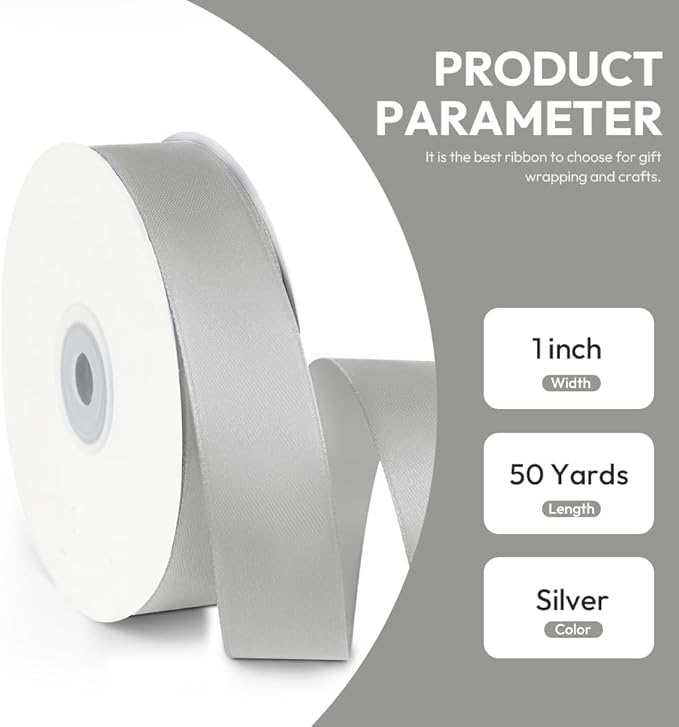 1" x 50 Yards Satin Ribbon - Silver Silk Ribbon with Spool - Ideal for Gift Wrapping, Floral Bouquets, Crafts, Wedding Party Decorations, Christmas and Sewing Projects