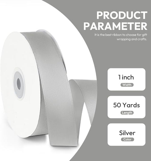 1" x 50 Yards Satin Ribbon - Silver Silk Ribbon with Spool - Ideal for Gift Wrapping, Floral Bouquets, Crafts, Wedding Party Decorations, Christmas and Sewing Projects