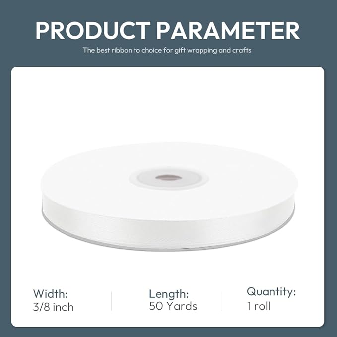 KMER LIFE 3/8" Wide x 50 Yards White Single Faced Polyester Satin Ribbon - Perfect for Wedding Decor, Wreaths, Crafts, Gift Wrapping & Other Projects