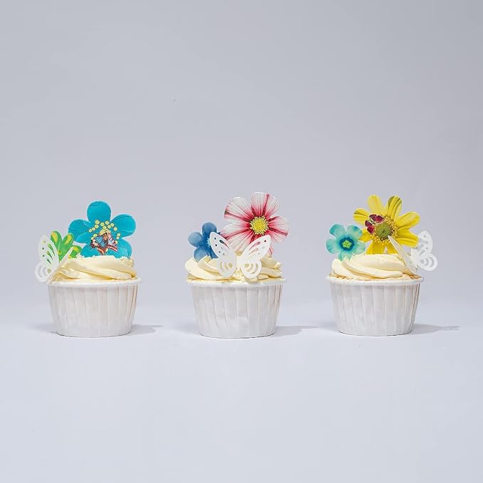 Edible Flowers Edible leaves &White Edible butterflies Wafer Paper Cake Cupcake Toppers for Decorating Rice Paper Flower Food Decorations for Baking Birthday Party (35flowers+20butterflies)