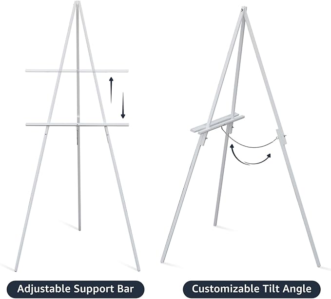 NianFeng Wooden Easel Stand for Sign, Easel Display Stand Floor for Wedding Sign with Adjustable Tray, 63-Inch, Tripod A-Frame Poster Light Duty, Welcome, Art Show & Baby Shower (White)