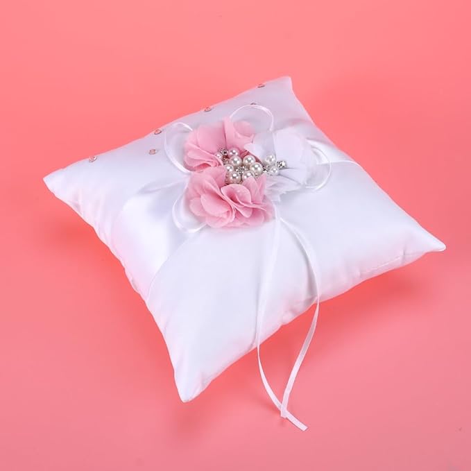 Wedding Ring Pillow Cushion with Pearl and Flower Decoration Elegant White Pink Ring Bearer Pillow for Wedding Ceremonies and Special Occasions