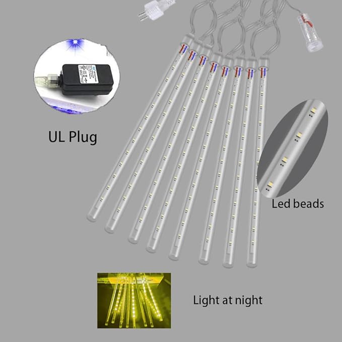 Christmas Lights Outdoor Falling Rain Meteor Shower Lights 12 inch 8 Tube 192 LED Snowfall Icicle Cascading String Light for Xmas Tree Christmas Decorations Holiday Garden, UL Plug,Warm White