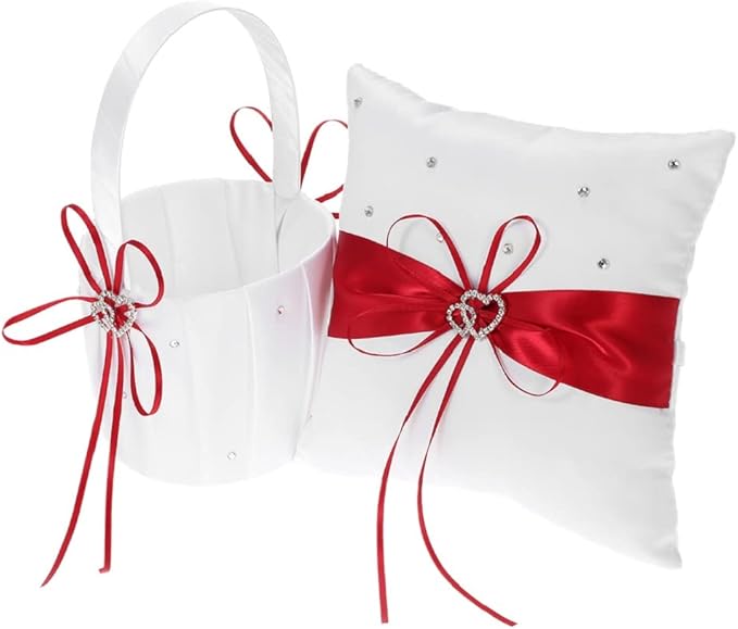 The Crafty Owl 2 Heart Rhinestones Ivory/White/Blue Trimming/Red Trimming Satin Large Wedding Ring Bearer Pillow and Basket Set (White with Red Trimming)