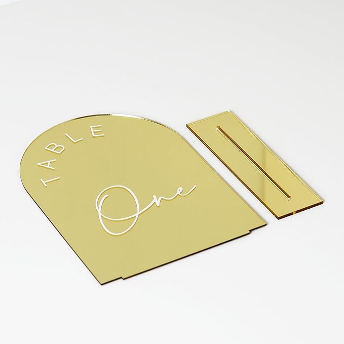 Gold Mirror Arched Wedding Table Numbers 1-15 with Stands, 5x7 Inch Acrylic Arch Sign with Holder, Gold Arch Acrylic Table Numbers for Wedding Reception(1-15, 5"x7")