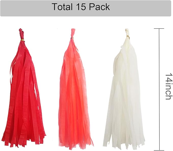 GAKA Red and White Tissue Paper Tassel(3 Colors),Paper Tassel Garland Banner for Wedding Birthday Party Decor Supplies,15 PC