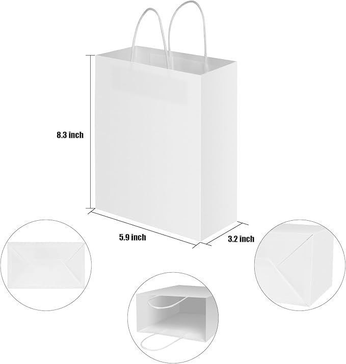 40 PCS White Kraft Paper Bags With Handles 8.3x5.9x3.2 Inch Bulk Gift Bags For Birthdays,Weddings,Baby Showers,Party Favor,Goodie Bags,Retail bag(Small,White)