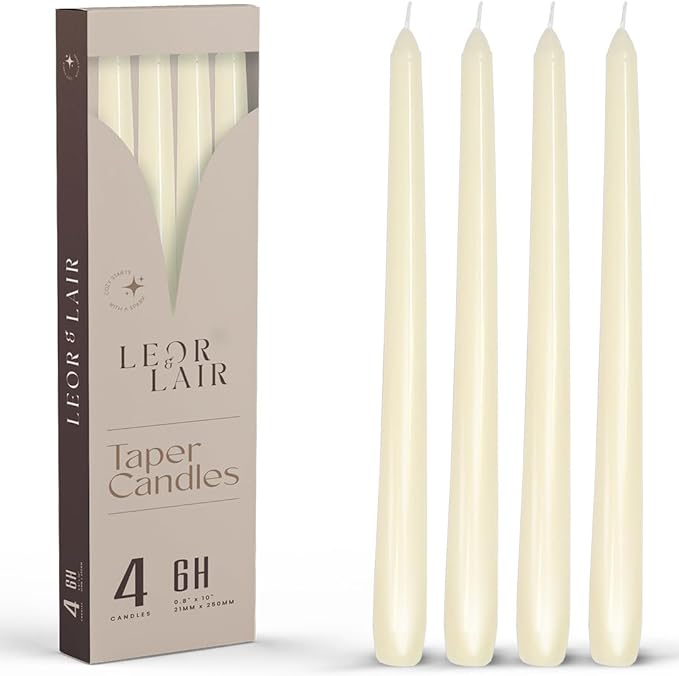 Leor & Lair Ivory Taper Candles - 4 Pack 10" Ivory Candlesticks - Unscented Cream Candle Sticks for Home Decoration, Holiday Tables, Weddings, Restaurants & Business Events